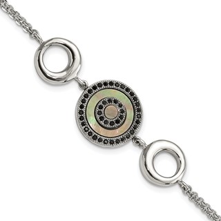 Stainless Steel Polished Black MOP & Crystal w/.5in ext Bracelet