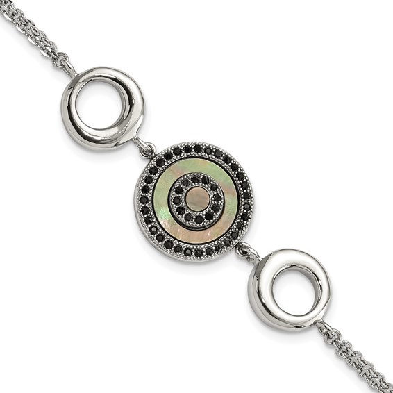 Stainless Steel Polished Black MOP & Crystal w/.5in ext Bracelet