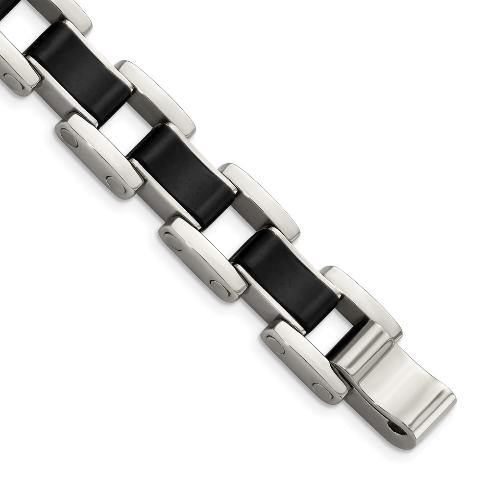 Stainless Steel Polished with Black Rubber 8.5in Bracelet