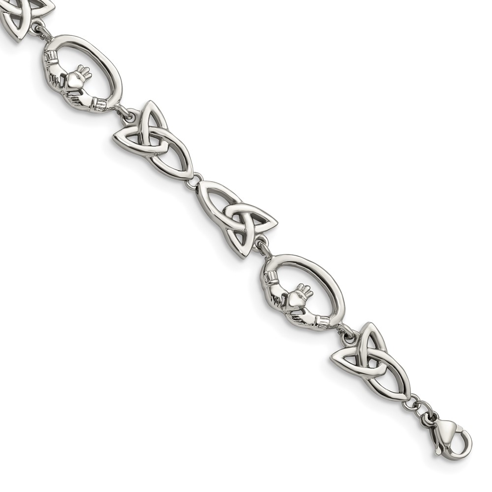 Stainless Steel Polished Claddagh and Trinity Knot 7.75in Bracelet