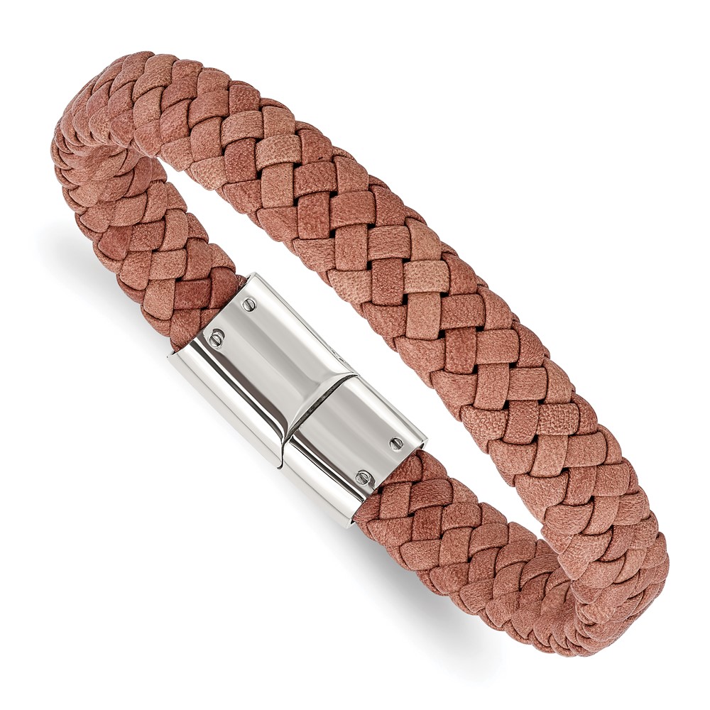 Stainless Steel Polished Woven Brown Leather 8.25in Bracelet