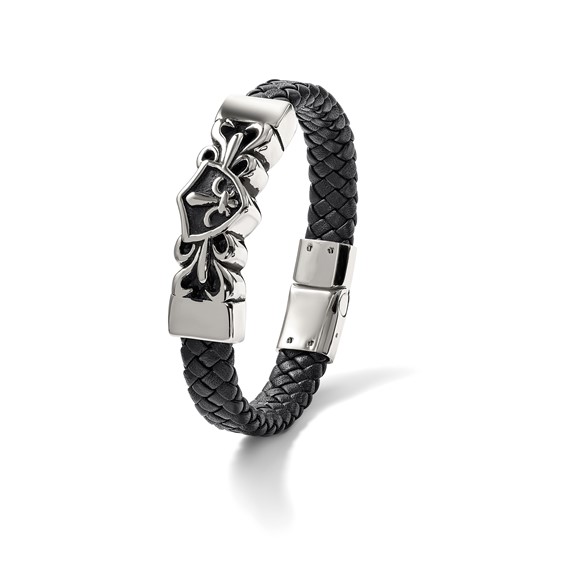 Chisel Stainless Steel Antiqued and Polished Fleur de Lis Black Braided Leather 8.25 inch Bracelet