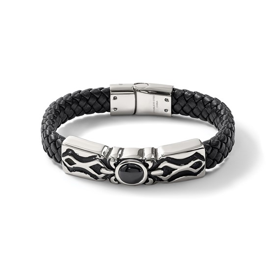 Chisel Stainless Steel Antiqued and Polished with Black Onyx Braided Black Leather 8.25 inch Bracelet