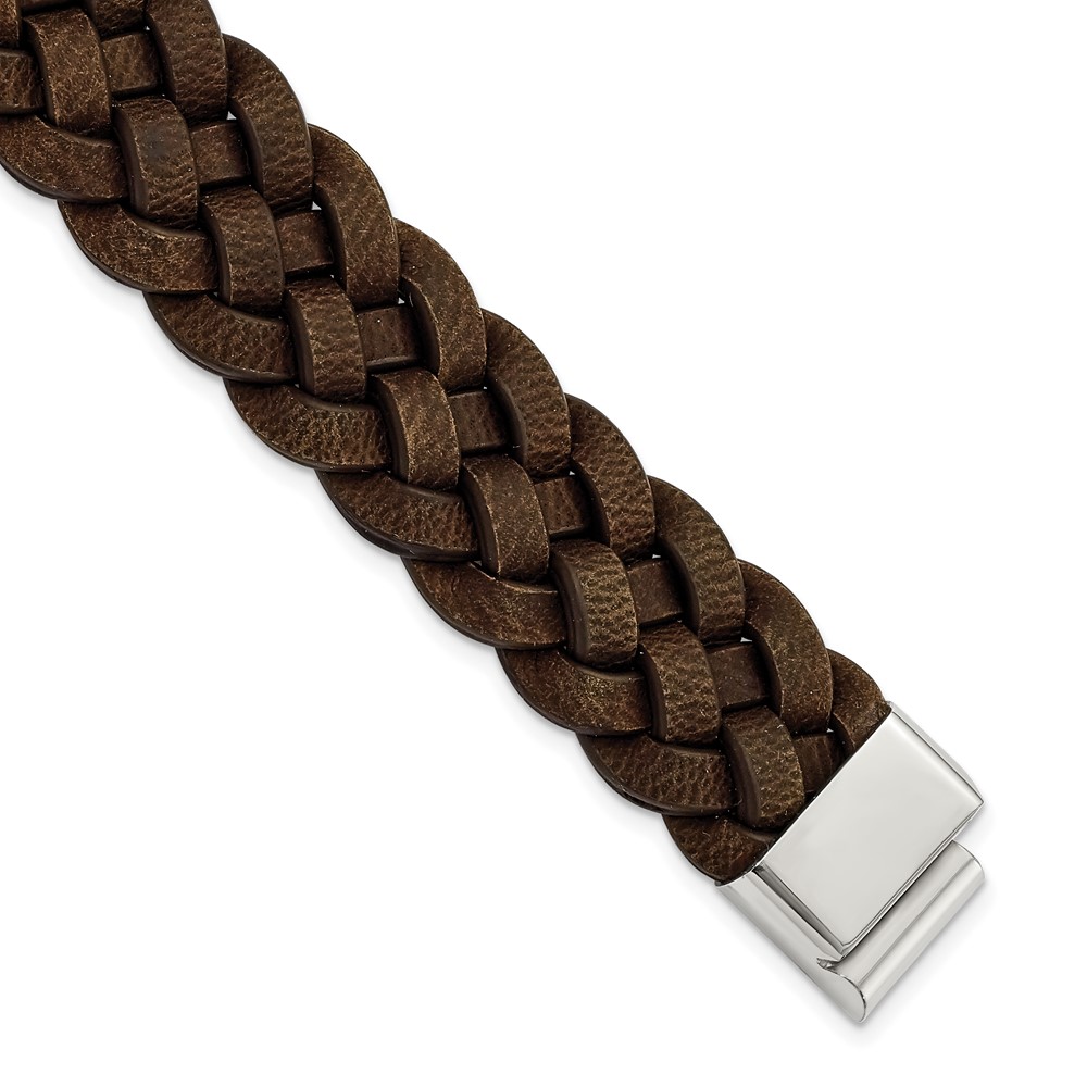 Stainless Steel Polished Woven Brown Leather 8.75in Bracelet