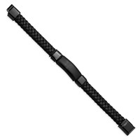 Chisel Stainless Steel Brushed and Polished Black IP-plated Braided Black Leather Bracelet, 8.25" view 3