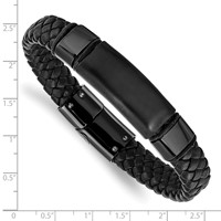 Chisel Stainless Steel Brushed and Polished Black IP-plated Braided Black Leather Bracelet, 8.25" view 4