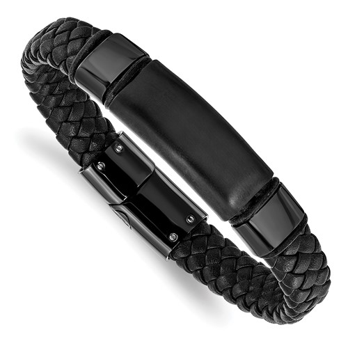 Chisel Stainless Steel Brushed and Polished Black IP-plated Braided Black Leather Bracelet - 8.25in