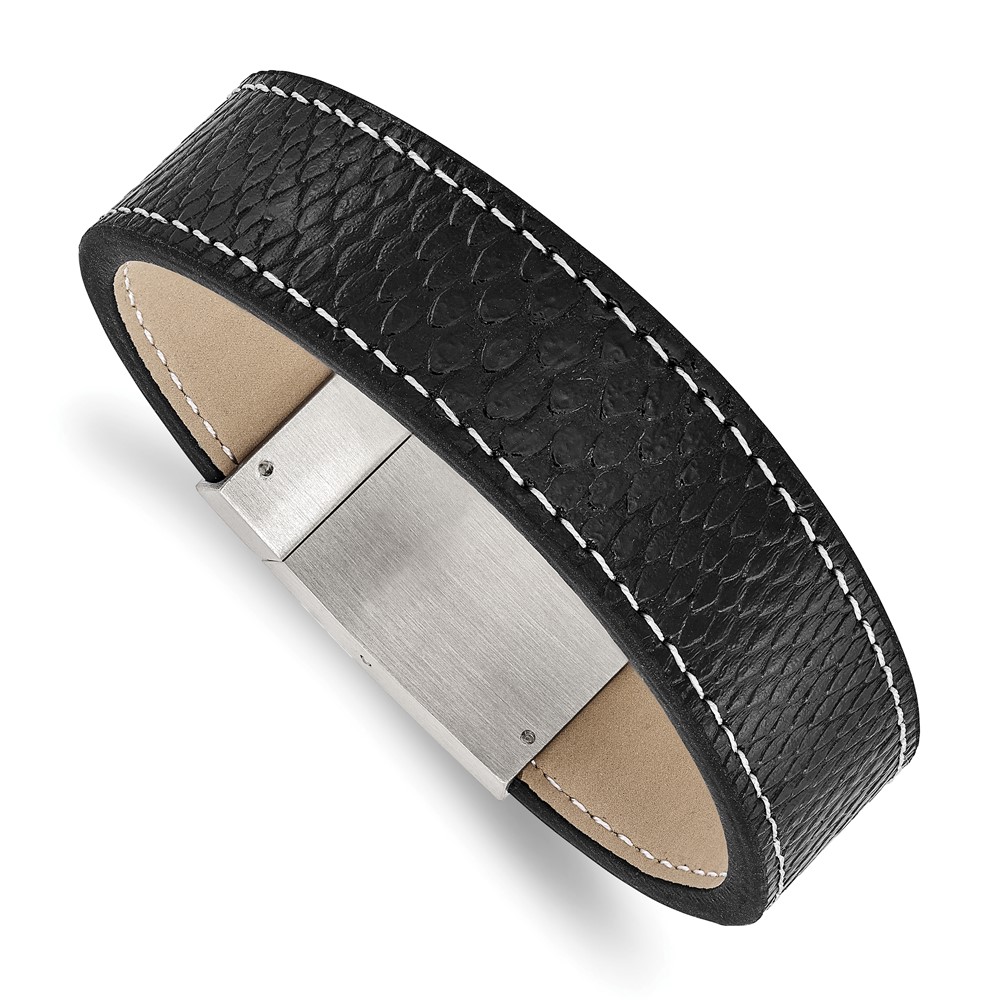 Stainless Steel Brushed Black Leather 8.25in Bracelet