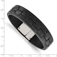 Chisel Stainless Steel Polished Black Leather Bracelet, 8" view 4