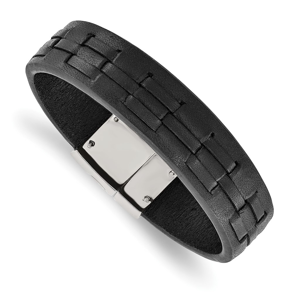 Stainless Steel Polished Black Leather 8in Bracelet