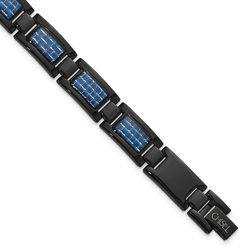 Chisel Stainless Steel Polished Black IP-plated Bracelet with Blue Carbon Fiber Inlay Link, 8.25"