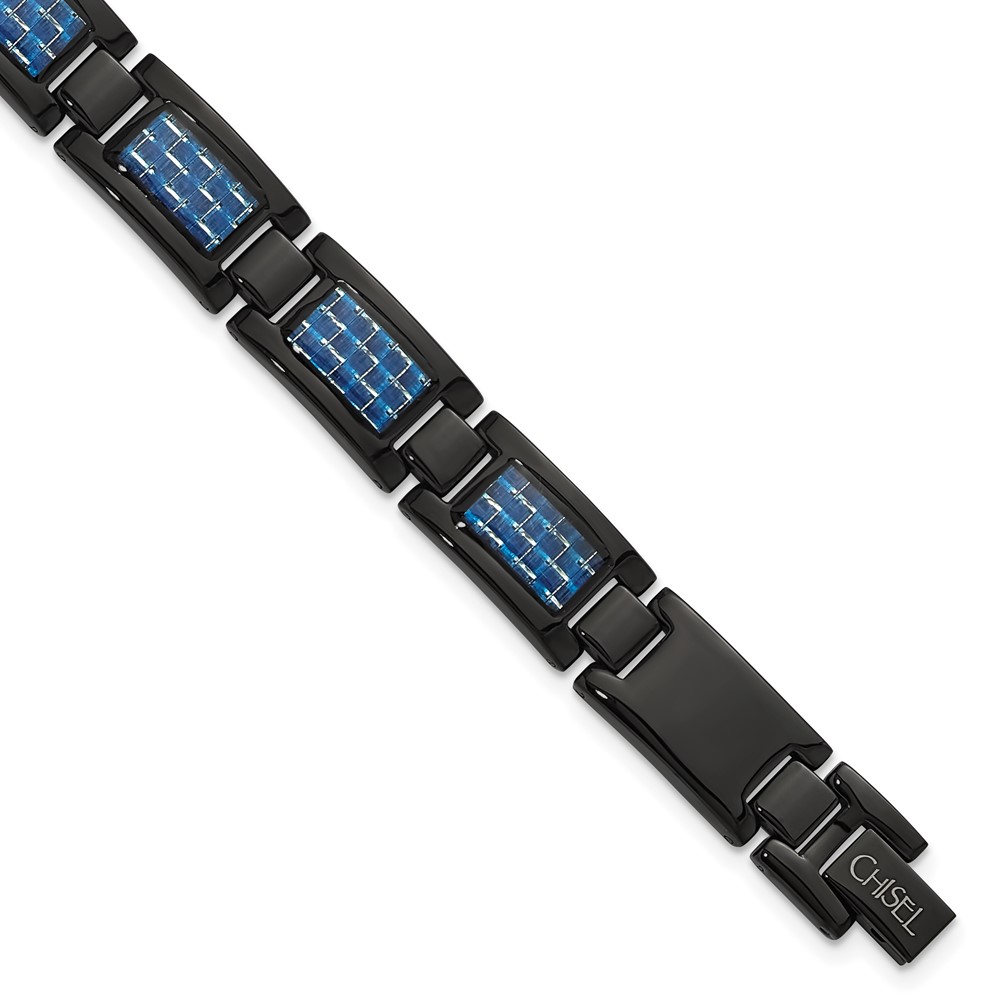 Stainless Steel Polished Black IP-plated w/Blue Carbon Fiber Inlay Bracelet