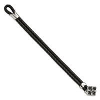 Stainless Steel Antiqued & Polished Bracelet with CZ Skull Leather, 8.75" view 3