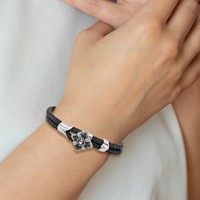 Stainless Steel Antiqued & Polished Bracelet with CZ Skull Leather, 8.75" view 5