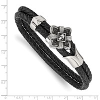 Stainless Steel Antiqued & Polished Bracelet with CZ Skull Leather, 8.75" view 4