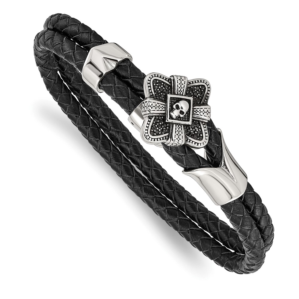 Stainless Steel Antiqued & Polished Bracelet with CZ Skull Leather, 8.75"