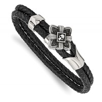 Stainless Steel Antiqued & Polished Bracelet with CZ Skull Leather, 8.75" view 1