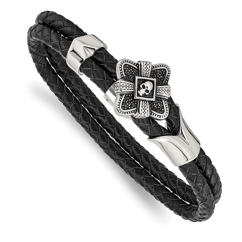 Stainless Steel Antiqued & Polished Bracelet with CZ Skull Leather, 8.75"
