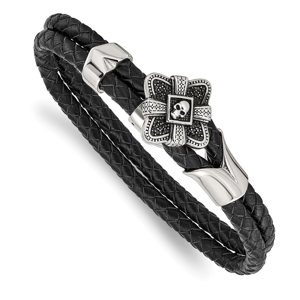 Stainless Steel Antiqued & Polished w/CZ Skull Leather 8.75in Bracelet