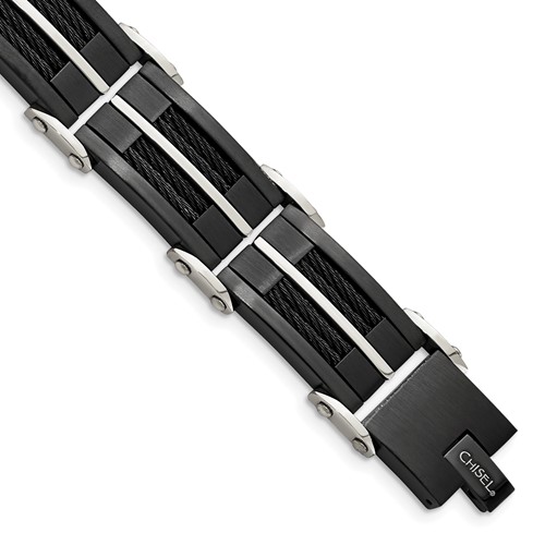 Chisel Stainless Steel Brushed and Polished Black IP-plated Bracelet with Cable Inlay Link, 8.75"