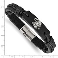 Chisel Stainless Steel Antiqued and Polished Eagle Head Black Leather Bracelet, 8.5" view 4