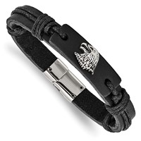 Chisel Stainless Steel Antiqued and Polished Eagle Head Black Leather Bracelet, 8.5" view 1