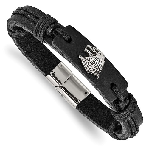 Chisel Stainless Steel Antiqued and Polished Eagle Head Black Leather Bracelet, 8.5"
