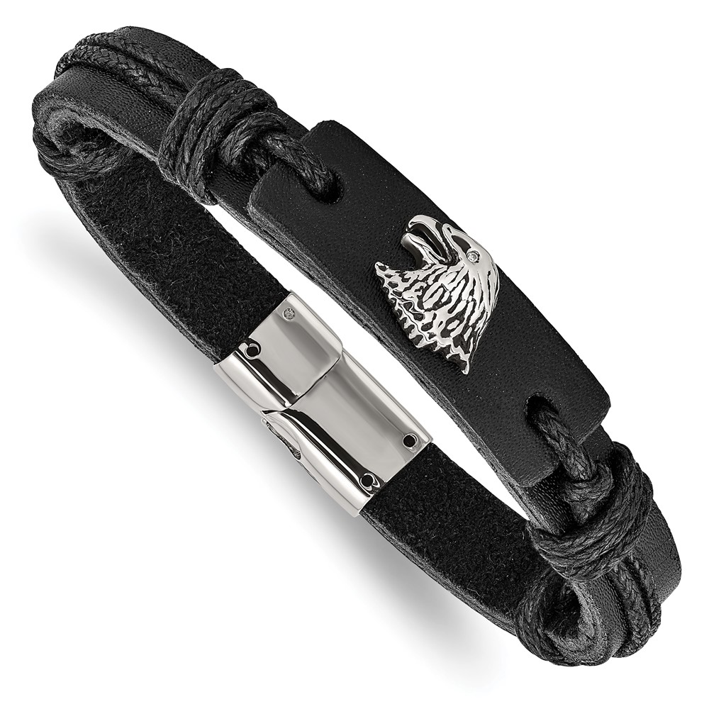 Stainless Steel Antiqued and Polished Eagle Head Black Leather Bracelet