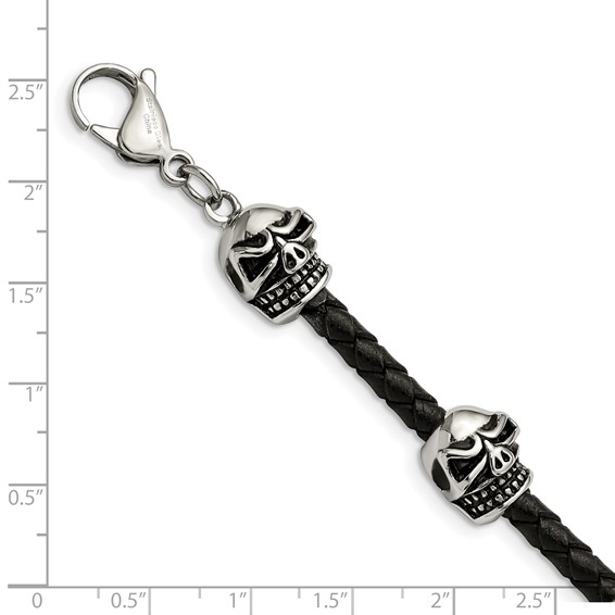 Chisel Stainless Steel Antiqued and Polished Skull Beads Black Braided Leather 8.5 inch Bracelet
