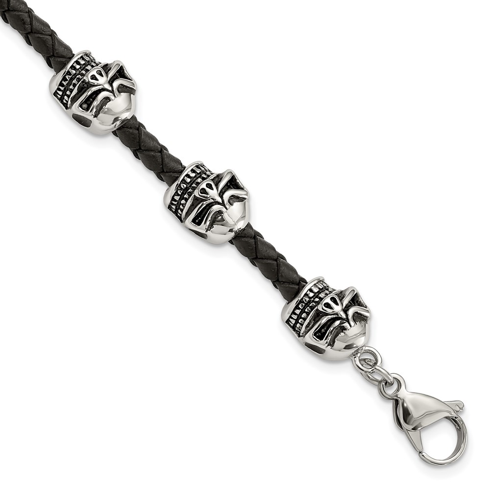 Stainless Steel Antiqued and Polished Skulls Leather 8.5in Bracelet