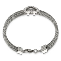 Chisel Stainless Steel Polished Wire Bracelet with CZ Heart, 7.5" view 3