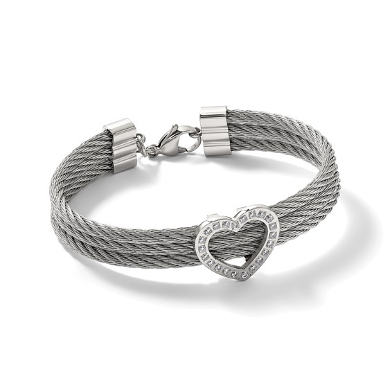 Chisel Stainless Steel Polished wire with CZ Heart 7.5 inch Bracelet