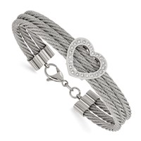 Chisel Stainless Steel Polished Wire Bracelet with CZ Heart, 7.5" view 1