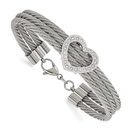 Chisel Stainless Steel Polished Wire Bracelet with CZ Heart, 7.5"