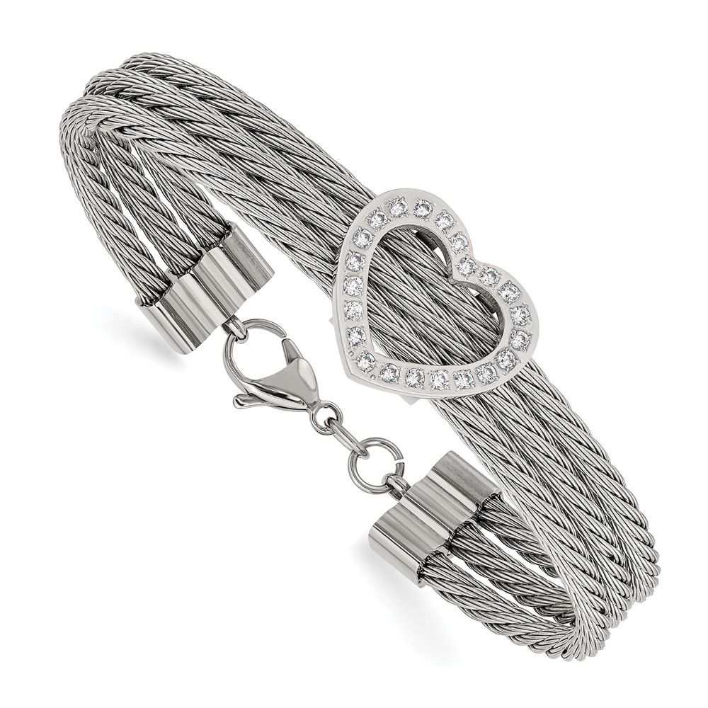Stainless Steel Polished Heart w/CZ 7.5in Bracelet