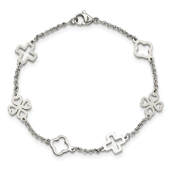 Chisel Stainless Steel Polished Cross and Clovers 7.5 inch Bracelet