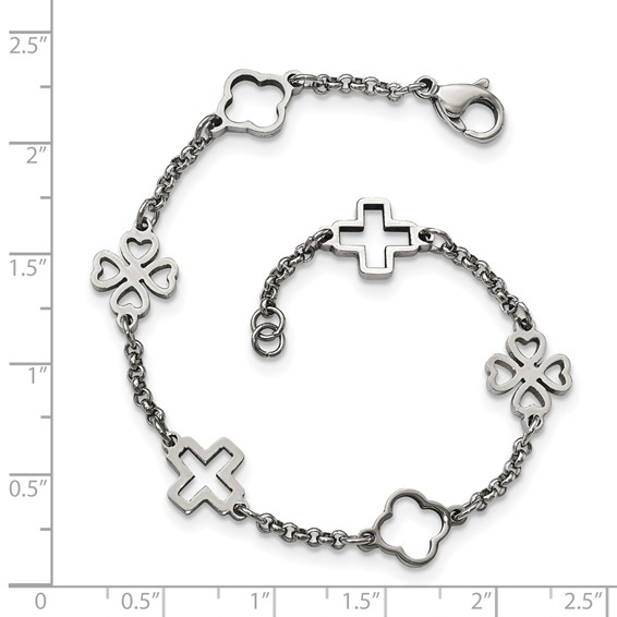 Chisel Stainless Steel Polished Cross and Clovers 7.5 inch Bracelet