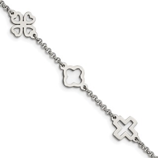 Chisel Stainless Steel Polished Cross and Clovers 7.5 inch Bracelet