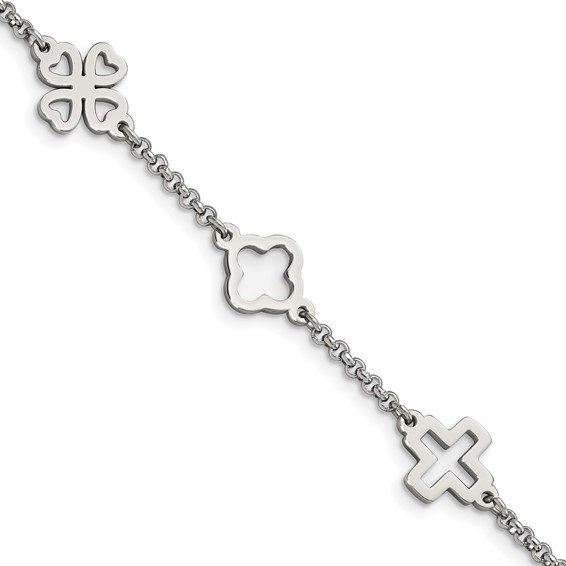 Chisel Stainless Steel Polished Cross and Clovers 7.5 inch Bracelet