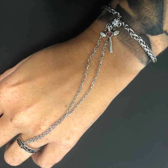 Stainless Steel Polished & Antiqued Crystal Heart Cross Connected Ring & Bracelet