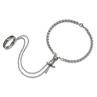 Stainless Steel Polished & Antiqued Crystal Heart Cross Connected Ring & Bracelet