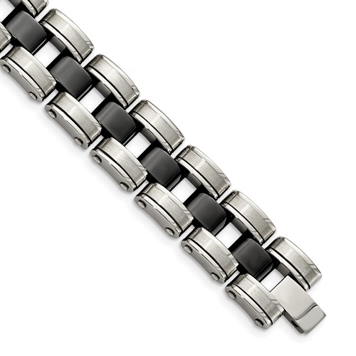 Chisel Stainless Steel Brushed and Polished Bracelet with Black Ceramic Link, 8.5"