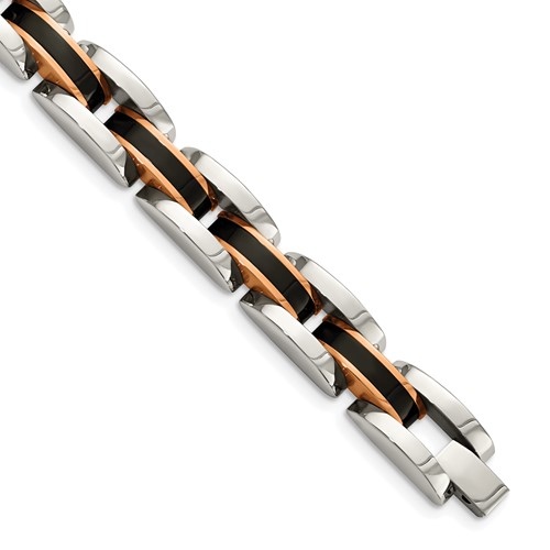 Chisel Stainless Steel Polished Black and Rose IP-plated Link Bracelet, 8.5"