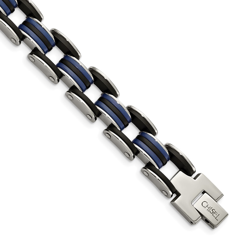 Stainless Steel Polished w/ Black & Blue Rubber 8in Bracelet