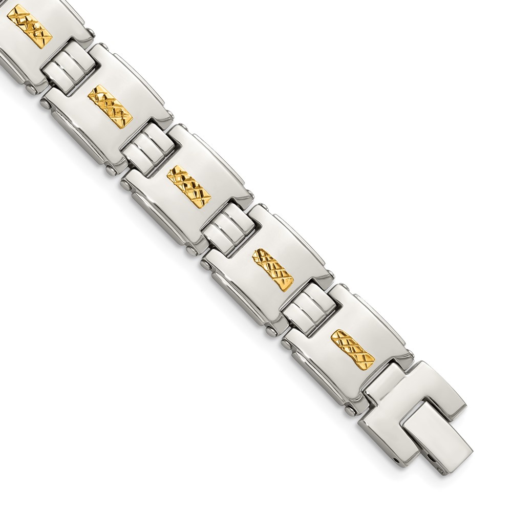 Stainless Steel with Diamond-cut 14k Inlay 8in Polished Link Bracelet