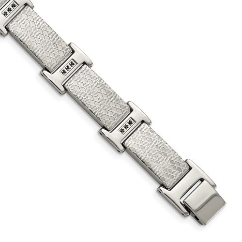Chisel Stainless Steel Polished and Textured Bracelet with Black CZ Link, 8.5"