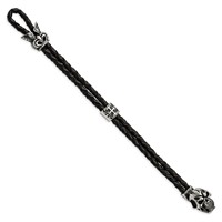 Chisel Stainless Steel Polished and Enameled Skull Bracelet with Black Glass 2 Strand Braided Black Leather, 8.5" view 3