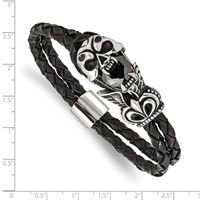 Chisel Stainless Steel Polished and Enameled Skull Bracelet with Black Glass 2 Strand Braided Black Leather, 8.5" view 4