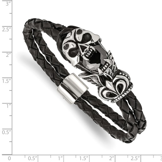 Chisel Stainless Steel Polished and Enameled Skull with Black Glass 2 Strand Braided Black Leather 8.5 inch Bracelet