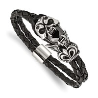 Chisel Stainless Steel Polished and Enameled Skull Bracelet with Black Glass 2 Strand Braided Black Leather, 8.5" view 1
